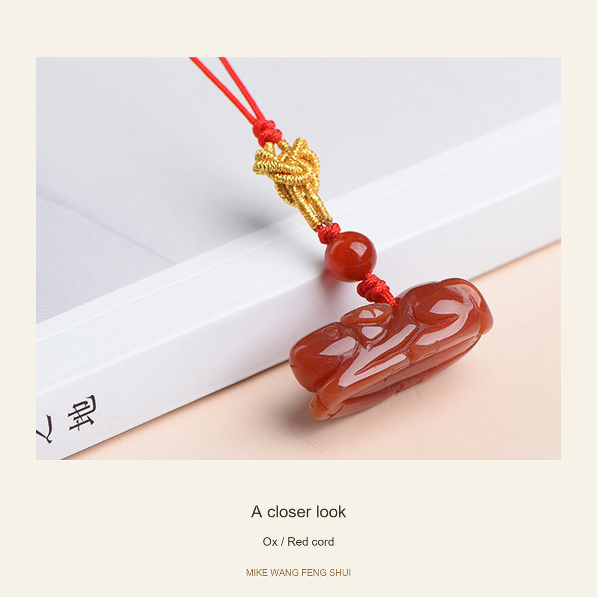 Red Agate Chinese Zodiac Phone Charm — Ox / Red cord — detail #Design_Ox / Red cord