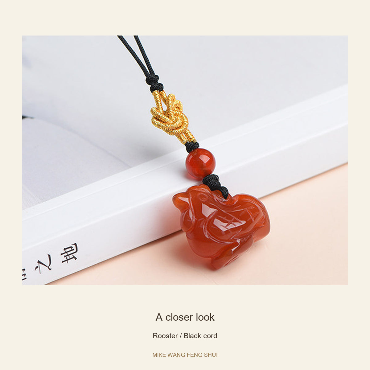 Red Agate Chinese Zodiac Phone Charm — Rooster / Black cord — detail #Design_Rooster / Black cord