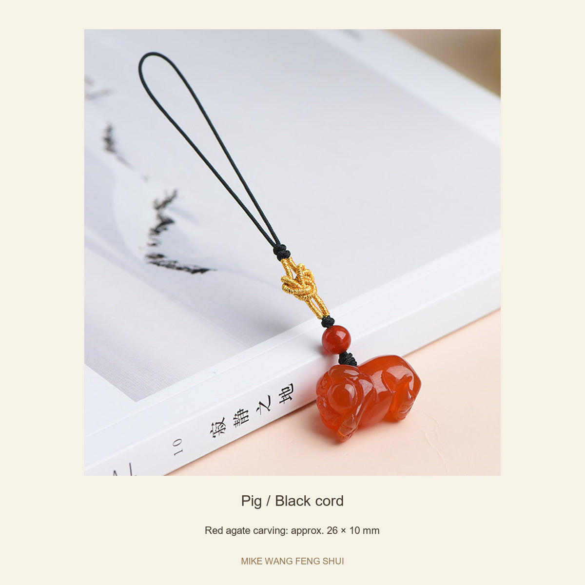 Red Agate Chinese Zodiac Phone Charm — Pig / Black cord — full view #Design_Pig / Black cord
