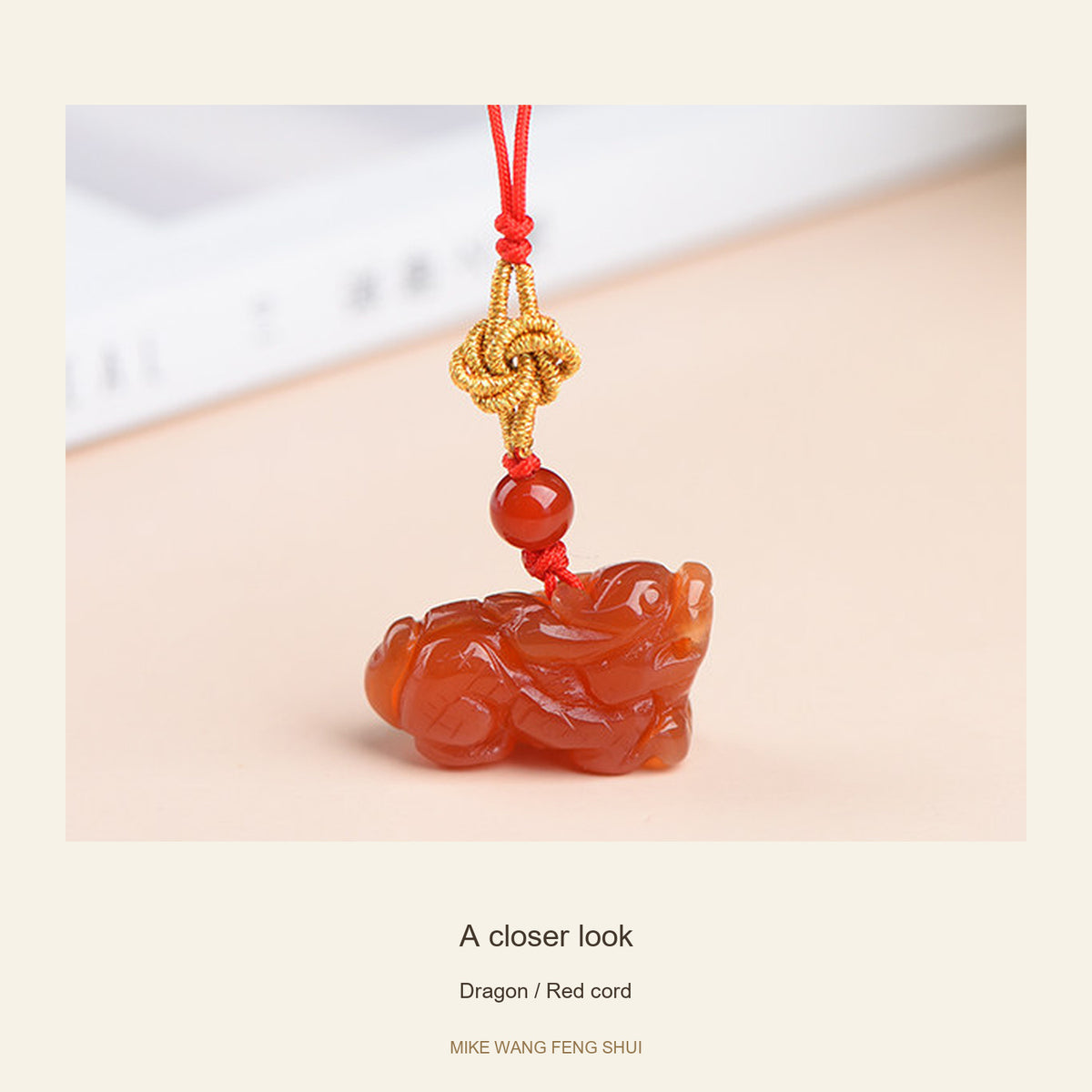 Red Agate Chinese Zodiac Phone Charm — Dragon / Red cord — detail #Design_Dragon / Red cord