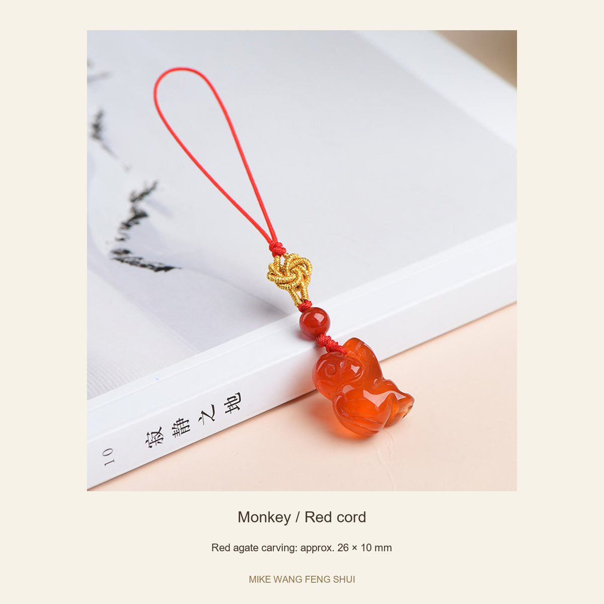 Red Agate Chinese Zodiac Phone Charm — Monkey / Red cord — full view #Design_Monkey / Red cord