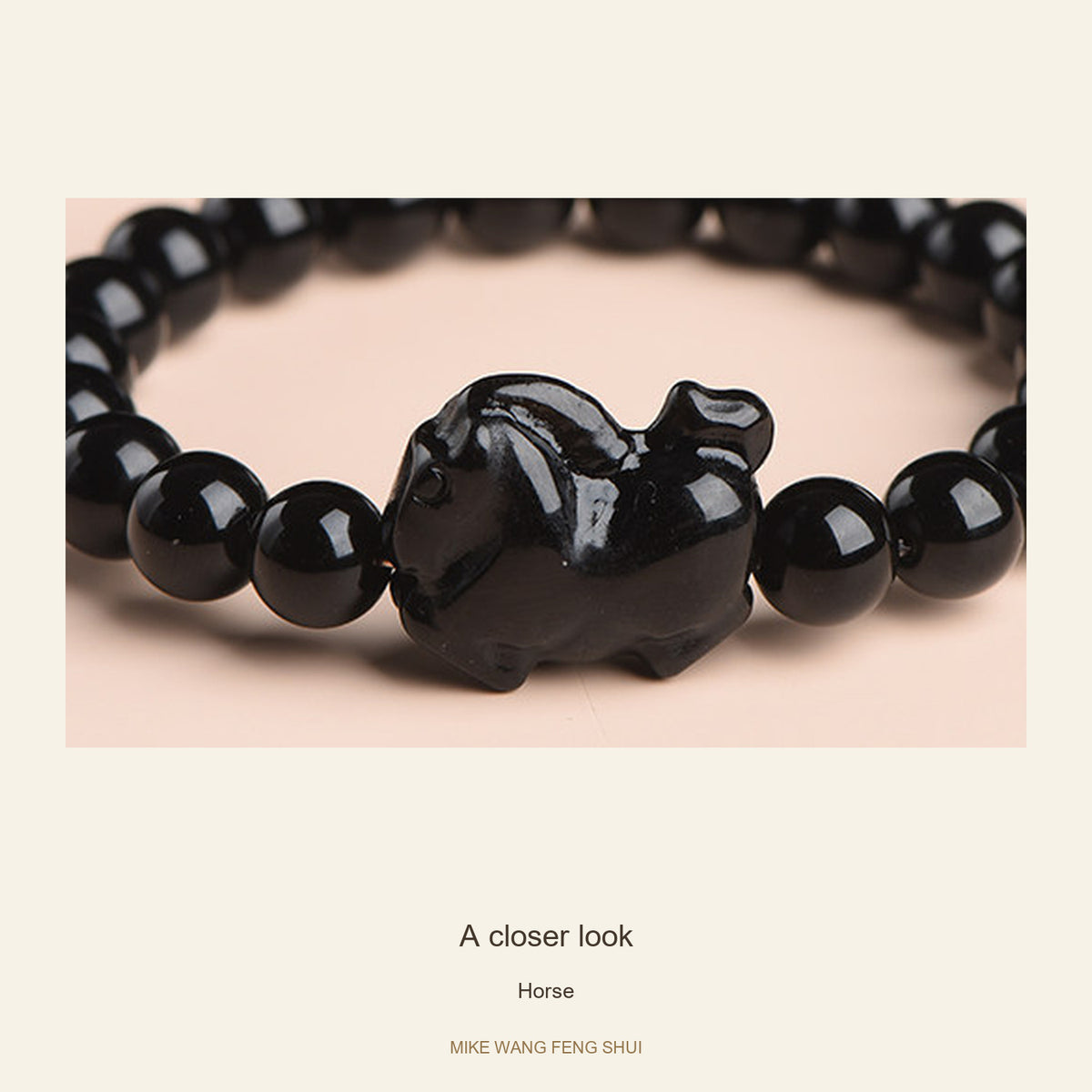 Black Obsidian Zodiac Bead Bracelet — 12 Animals — Horse — detail #Zodiac_Horse
