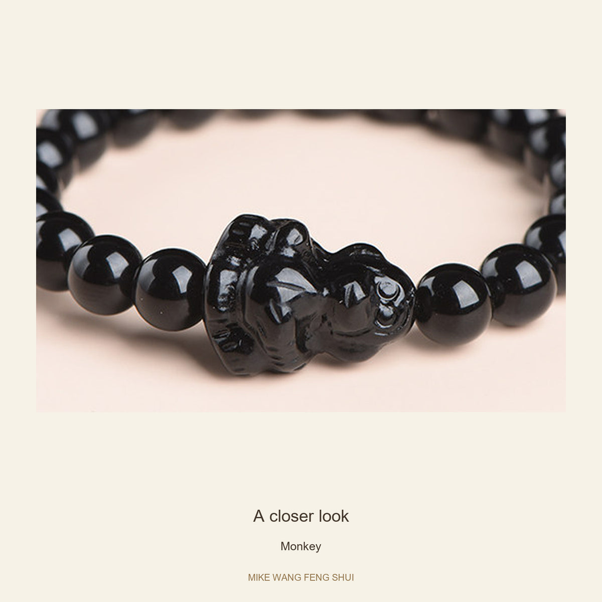 Black Obsidian Zodiac Bead Bracelet — 12 Animals — Monkey — detail #Zodiac_Monkey