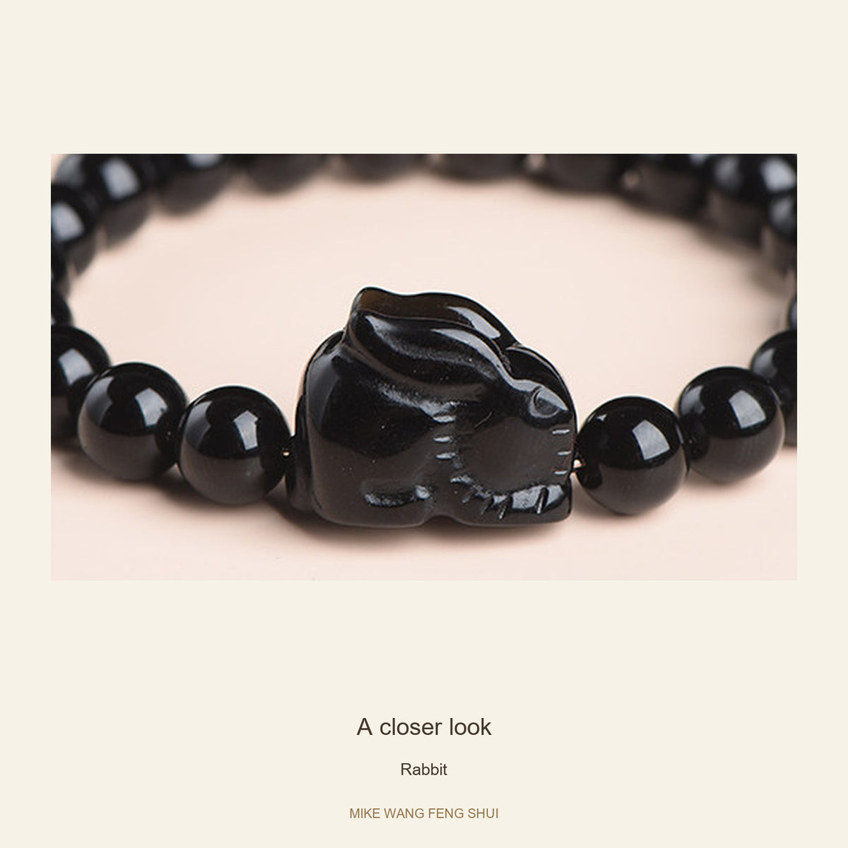 Black Obsidian Zodiac Bead Bracelet — 12 Animals — Rabbit — detail #Zodiac_Rabbit