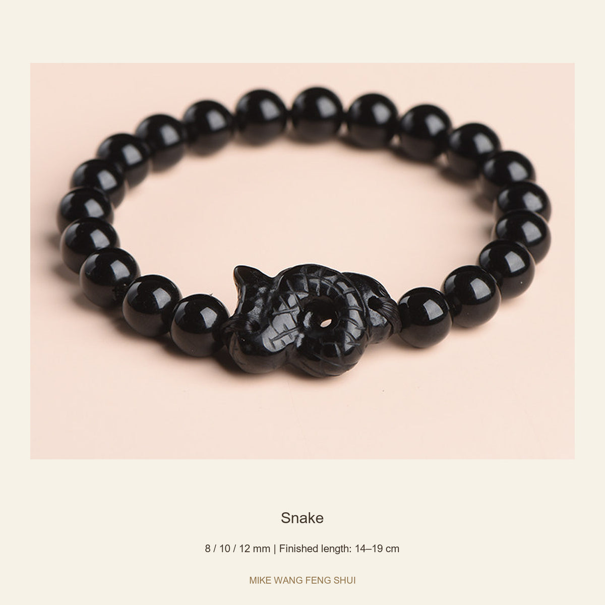 Black Obsidian Zodiac Bead Bracelet — 12 Animals — Snake — full view #Zodiac_Snake