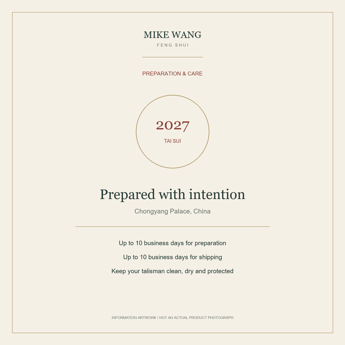 2027 Tai Sui talisman and protective pouch — preparation information card; not an actual product photograph.