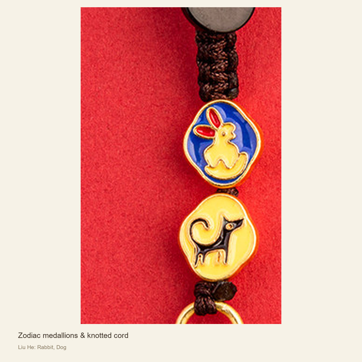 Copper Zodiac Ally Keychain — San He & Liu He — Zodiac medallions & knotted cord; Liu He: Rabbit, Dog #Design_Liu He: Rabbit, Dog