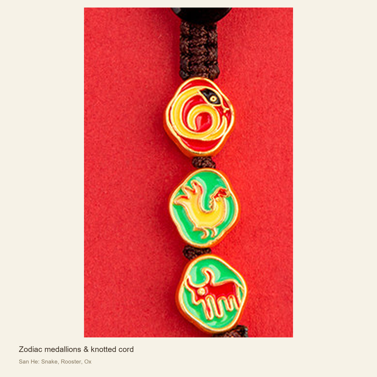 Copper Zodiac Ally Keychain — San He & Liu He — Zodiac medallions & knotted cord; San He: Snake, Rooster, Ox #Design_San He: Snake, Rooster, Ox