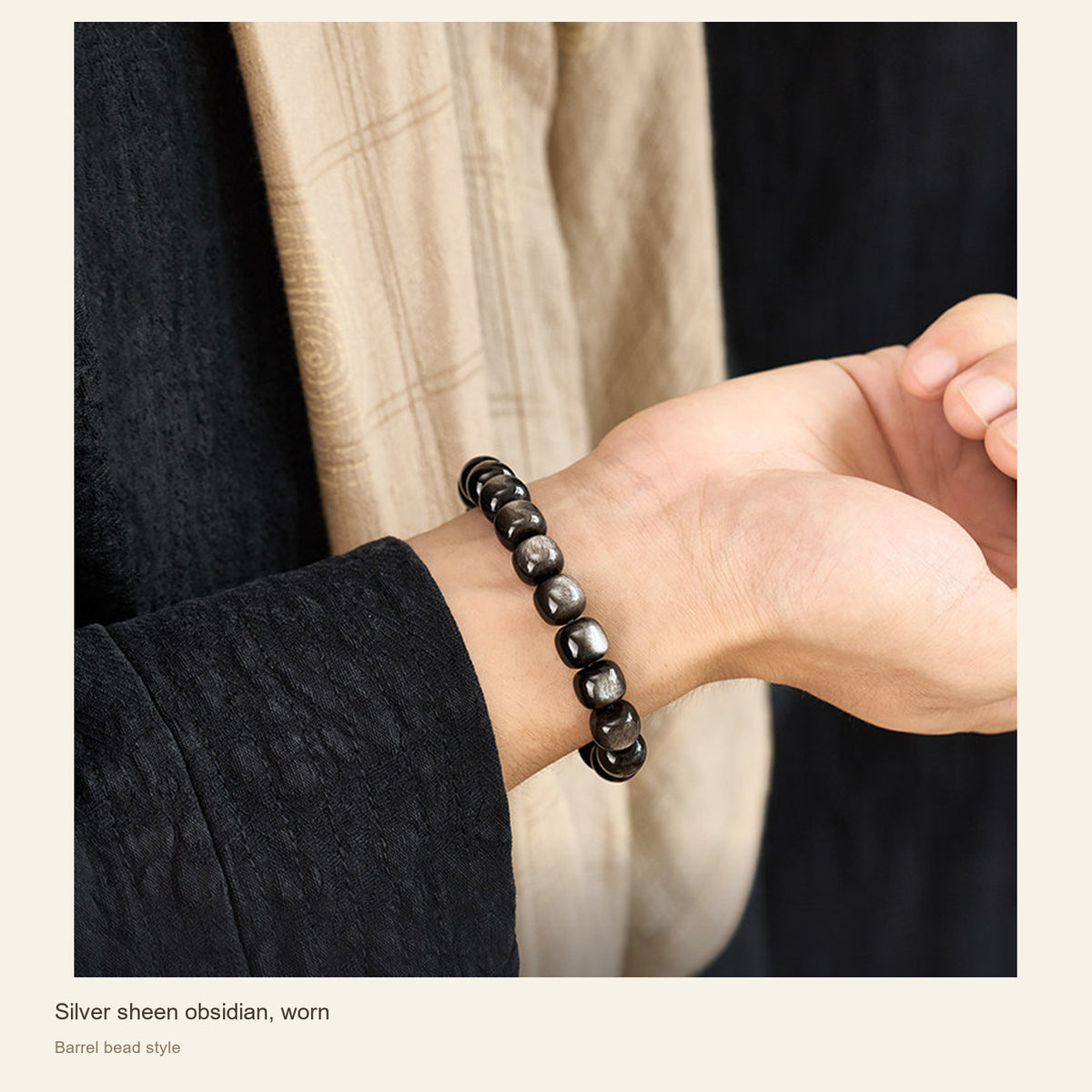 Silver Sheen Obsidian Bracelet — Round & Barrel Beads — Silver sheen obsidian, worn; Barrel bead style #Style_Barrel beads + bamboo gift box