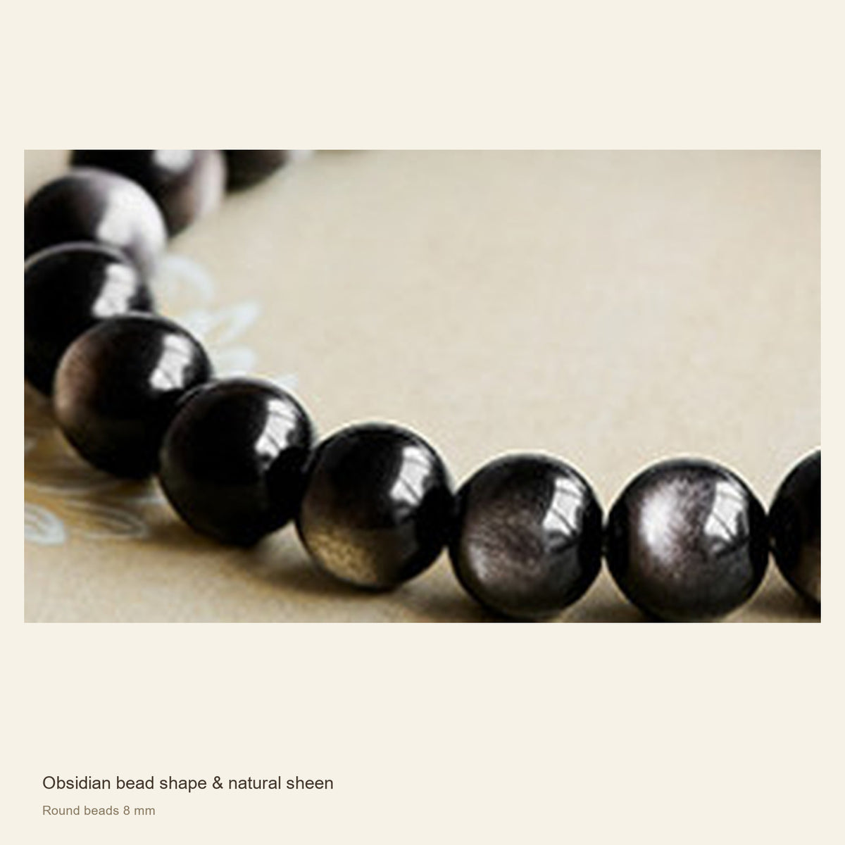 Silver Sheen Obsidian Bracelet — Round & Barrel Beads — Obsidian bead shape & natural sheen; Round beads 8 mm #Style_Round beads 8 mm