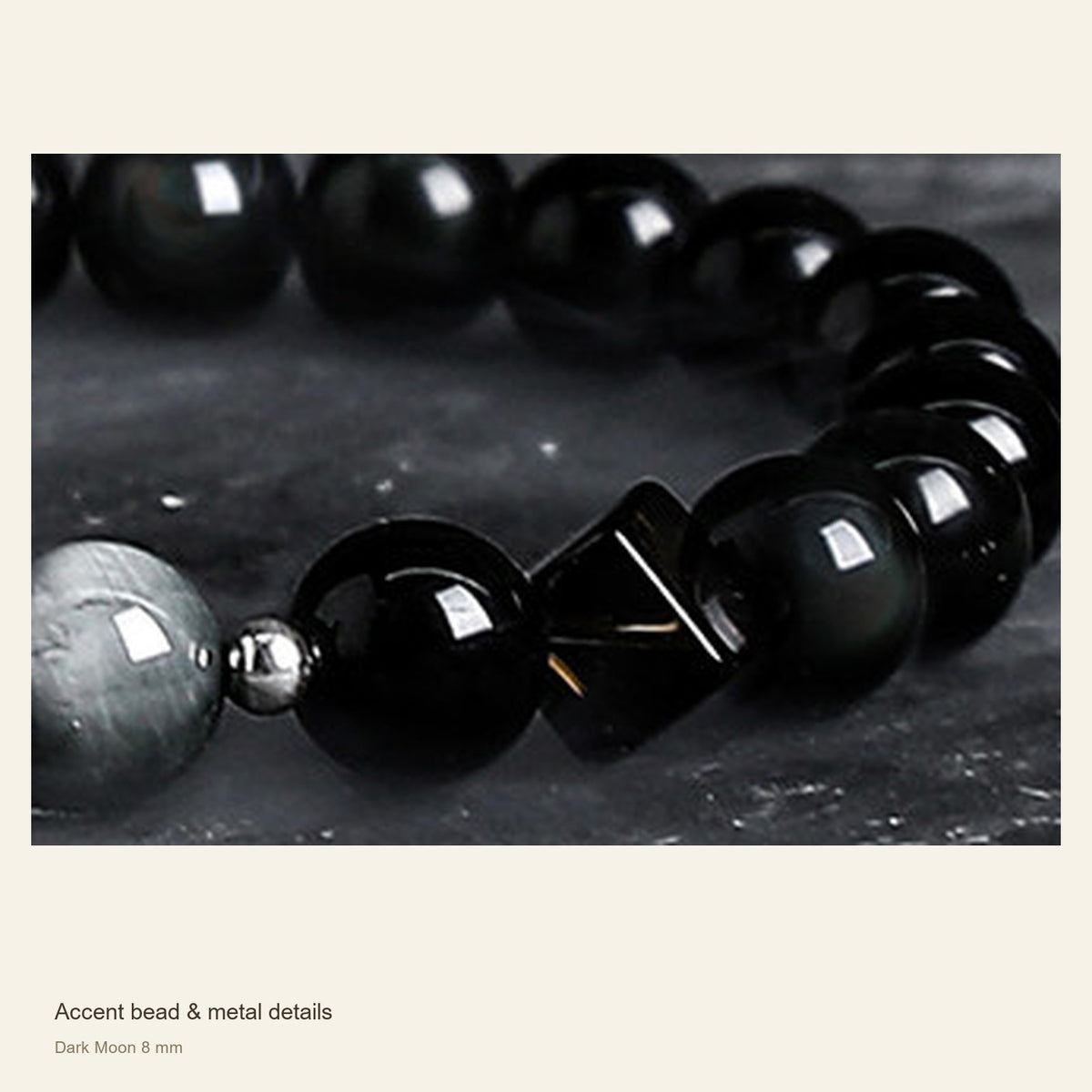 Obsidian Accent Bracelet — Dark Moon & Tiger Eye — Accent bead & metal details; Dark Moon 8 mm #Style_Dark Moon 8 mm
