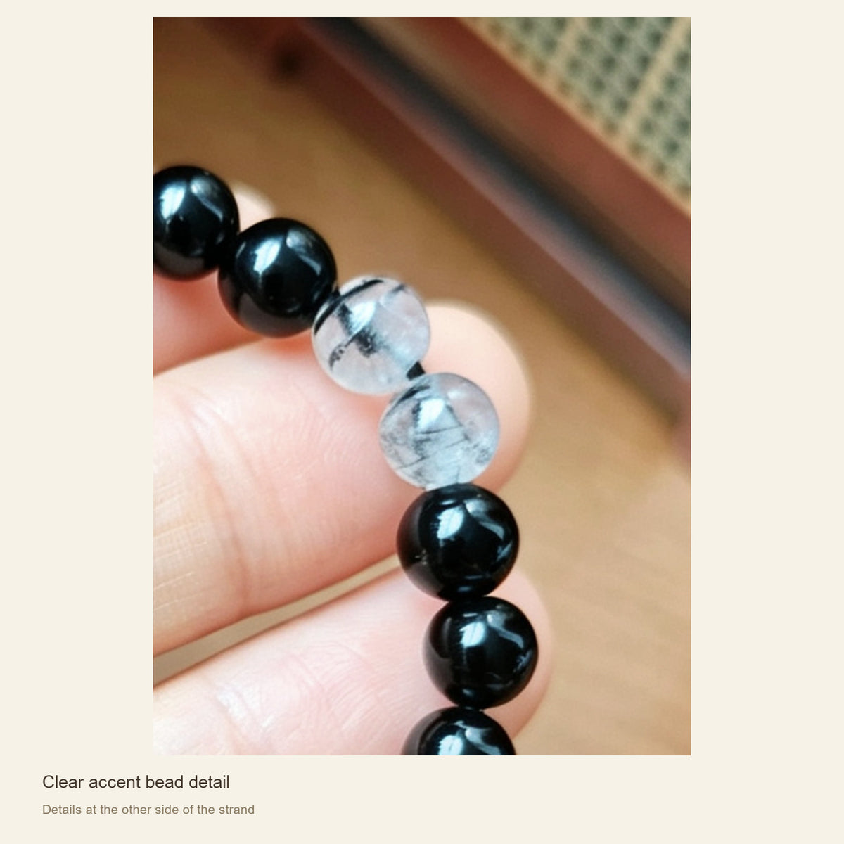 6 mm Obsidian & Fine Silver Pixiu Bracelet — Clear accent bead detail; Details at the other side of the strand
