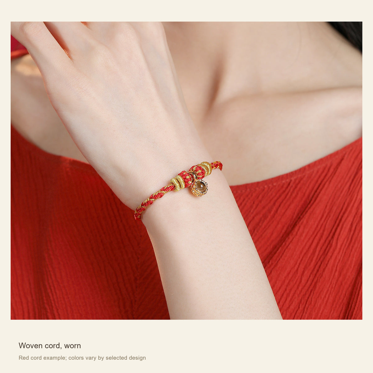 Zodiac Guardian Woven Cord Bracelet — Woven cord, worn; Red cord example; colors vary by selected design