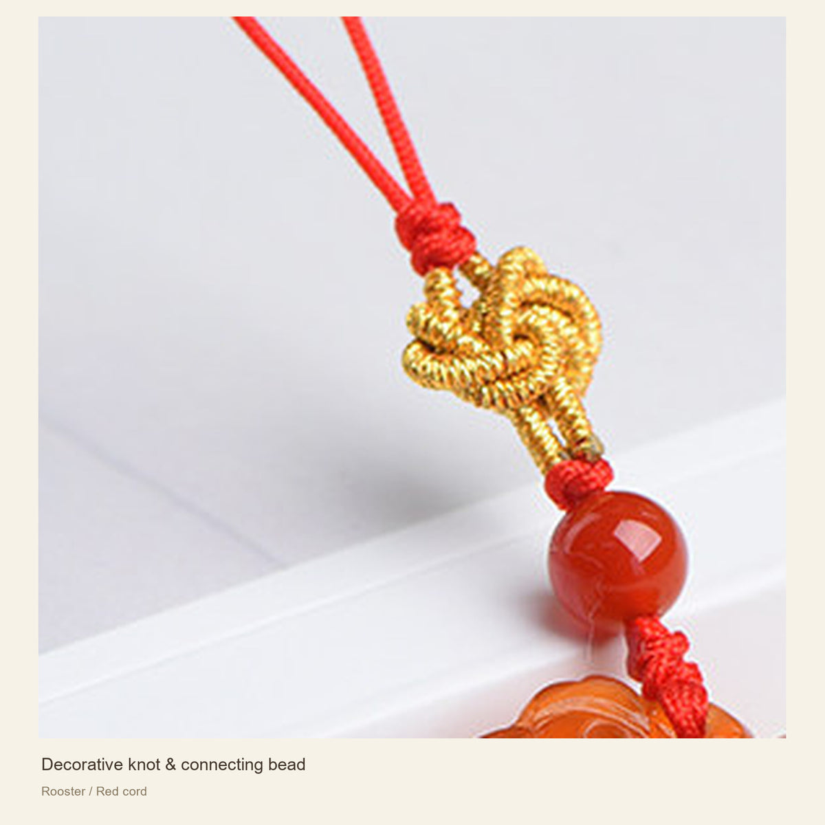 Red Agate Chinese Zodiac Phone Charm — Decorative knot & connecting bead; Rooster / Red cord #Design_Rooster / Red cord