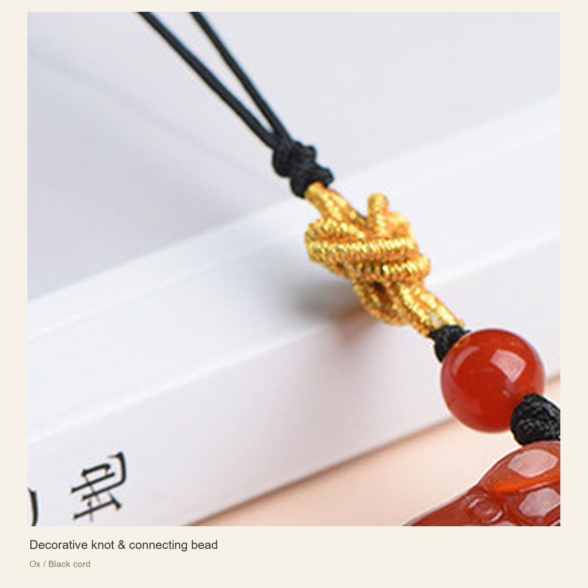 Red Agate Chinese Zodiac Phone Charm — Decorative knot & connecting bead; Ox / Black cord #Design_Ox / Black cord