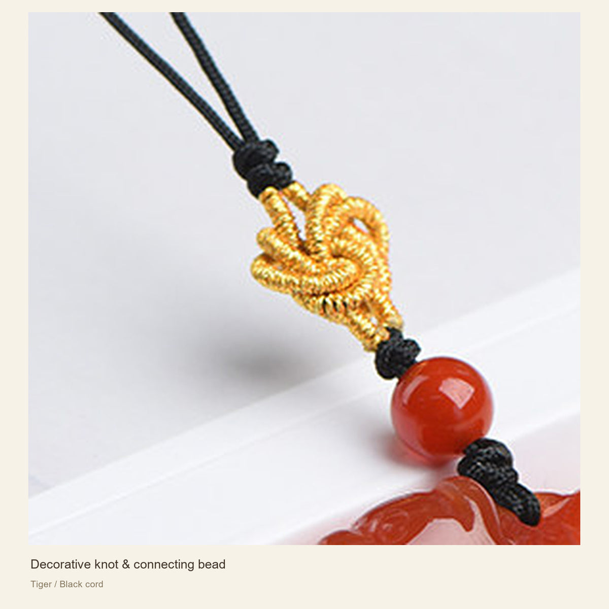 Red Agate Chinese Zodiac Phone Charm — Decorative knot & connecting bead; Tiger / Black cord #Design_Tiger / Black cord