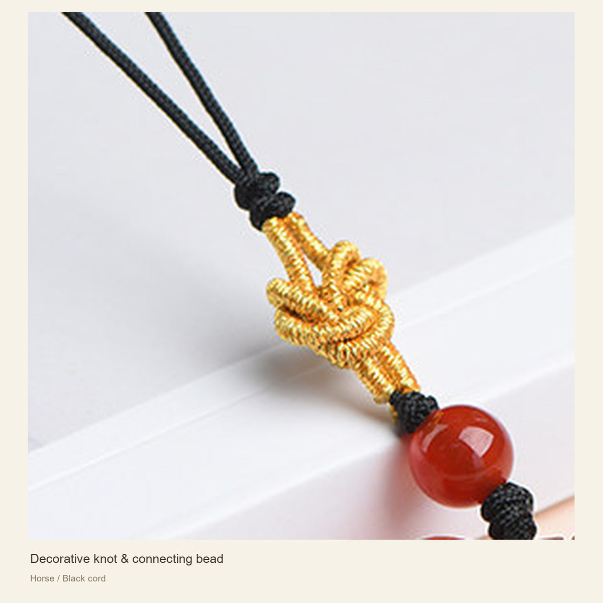 Red Agate Chinese Zodiac Phone Charm — Decorative knot & connecting bead; Horse / Black cord #Design_Horse / Black cord