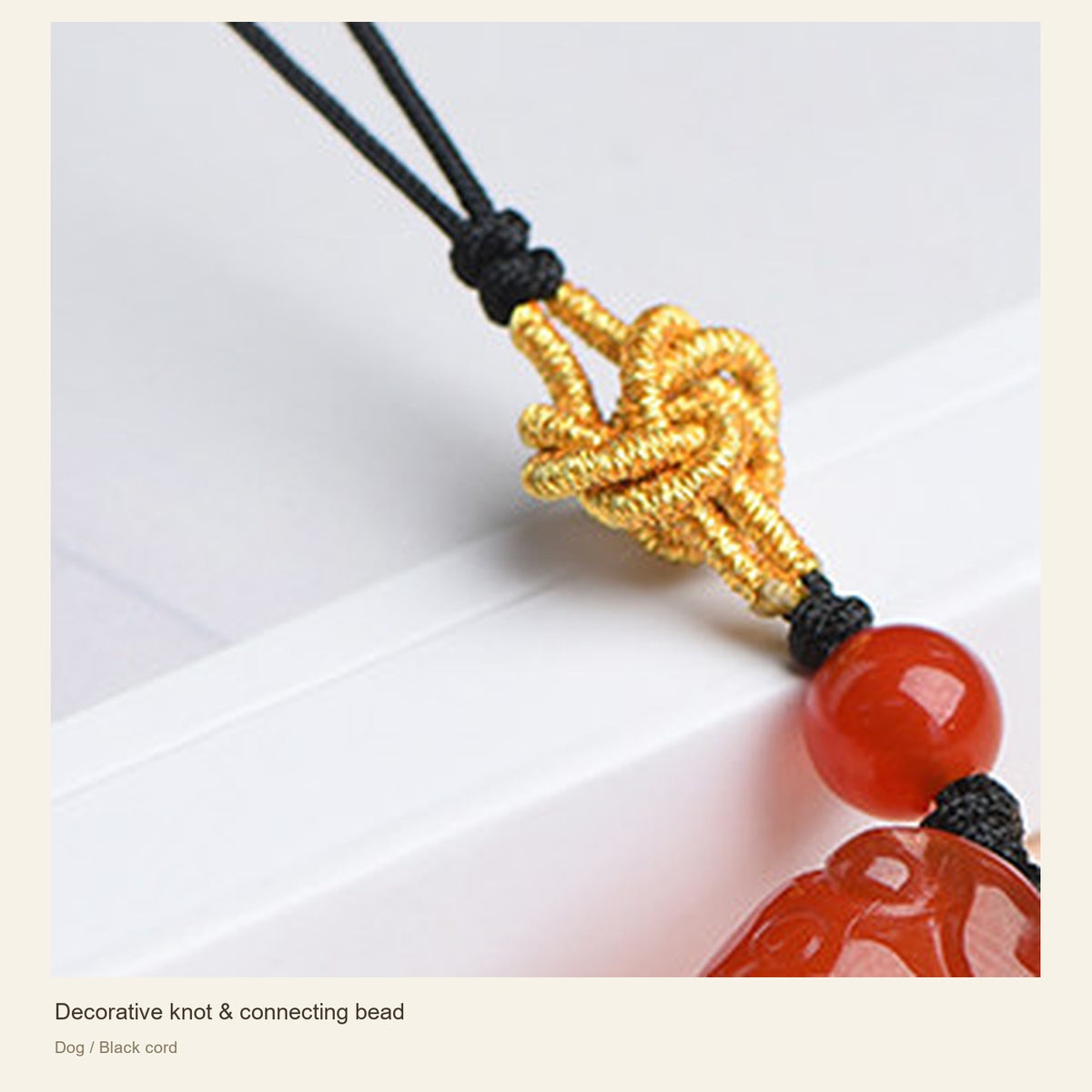 Red Agate Chinese Zodiac Phone Charm — Decorative knot & connecting bead; Dog / Black cord #Design_Dog / Black cord