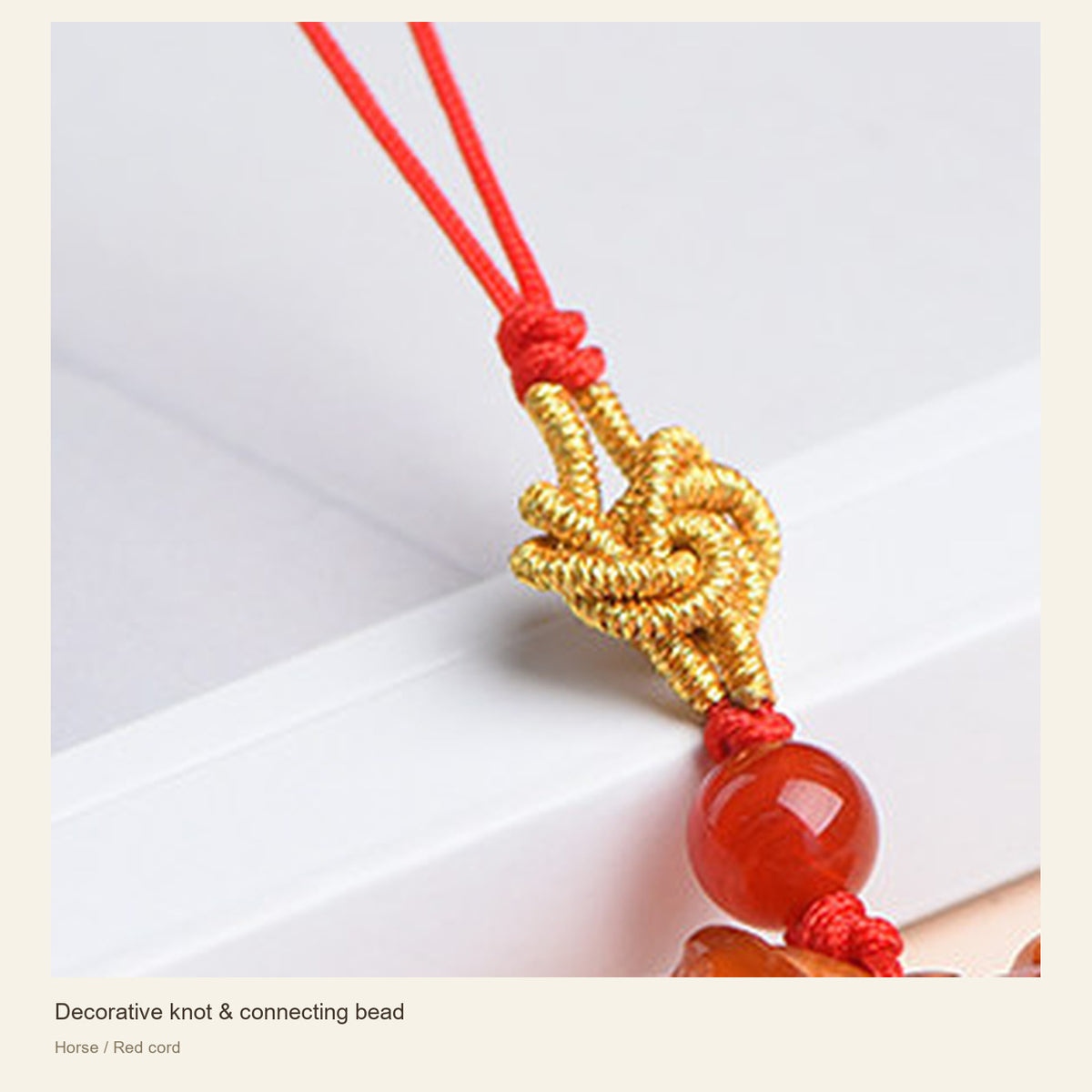 Red Agate Chinese Zodiac Phone Charm — Decorative knot & connecting bead; Horse / Red cord #Design_Horse / Red cord