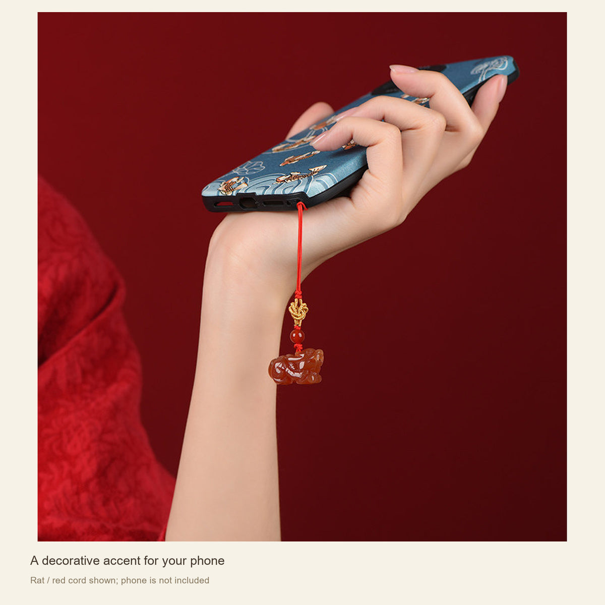 Red Agate Chinese Zodiac Phone Charm — A decorative accent for your phone; Rat / red cord shown; phone is not included