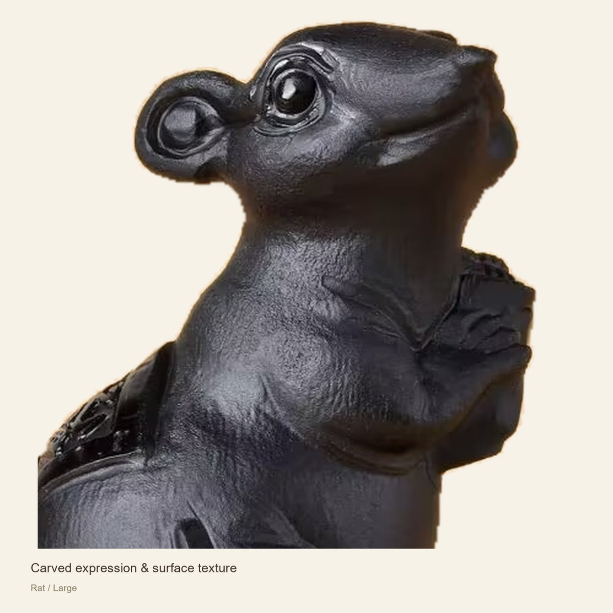 Black Obsidian Chinese Zodiac Figurine — Carved expression & surface texture; Rat / Large #Design_Rat / Large
