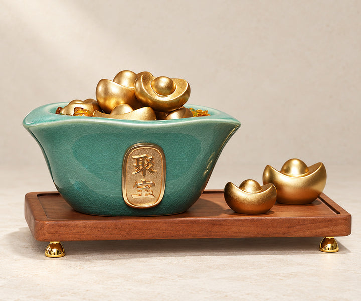 Ceramic wealth bowl with gold ingots and wooden stand