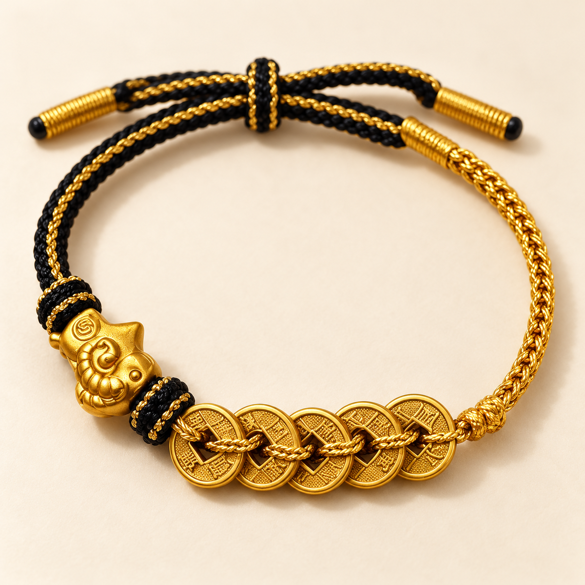 Five coin goat bracelet in black cord, charm detail #cord color_black