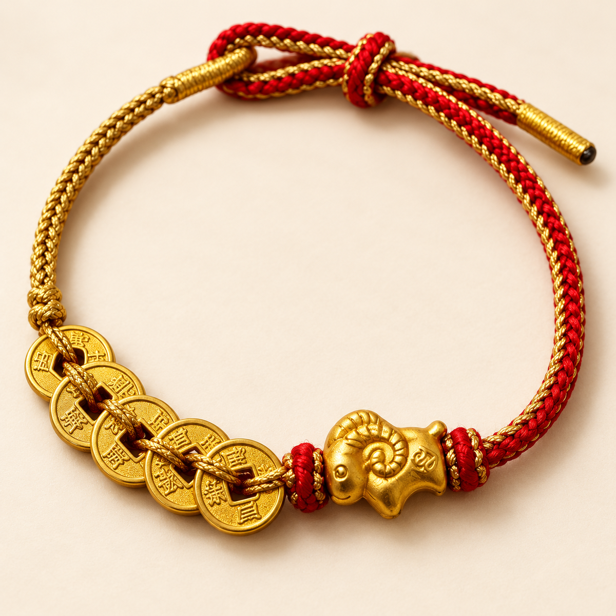 Five coin goat bracelet in red cord, charm detail #cord color_red