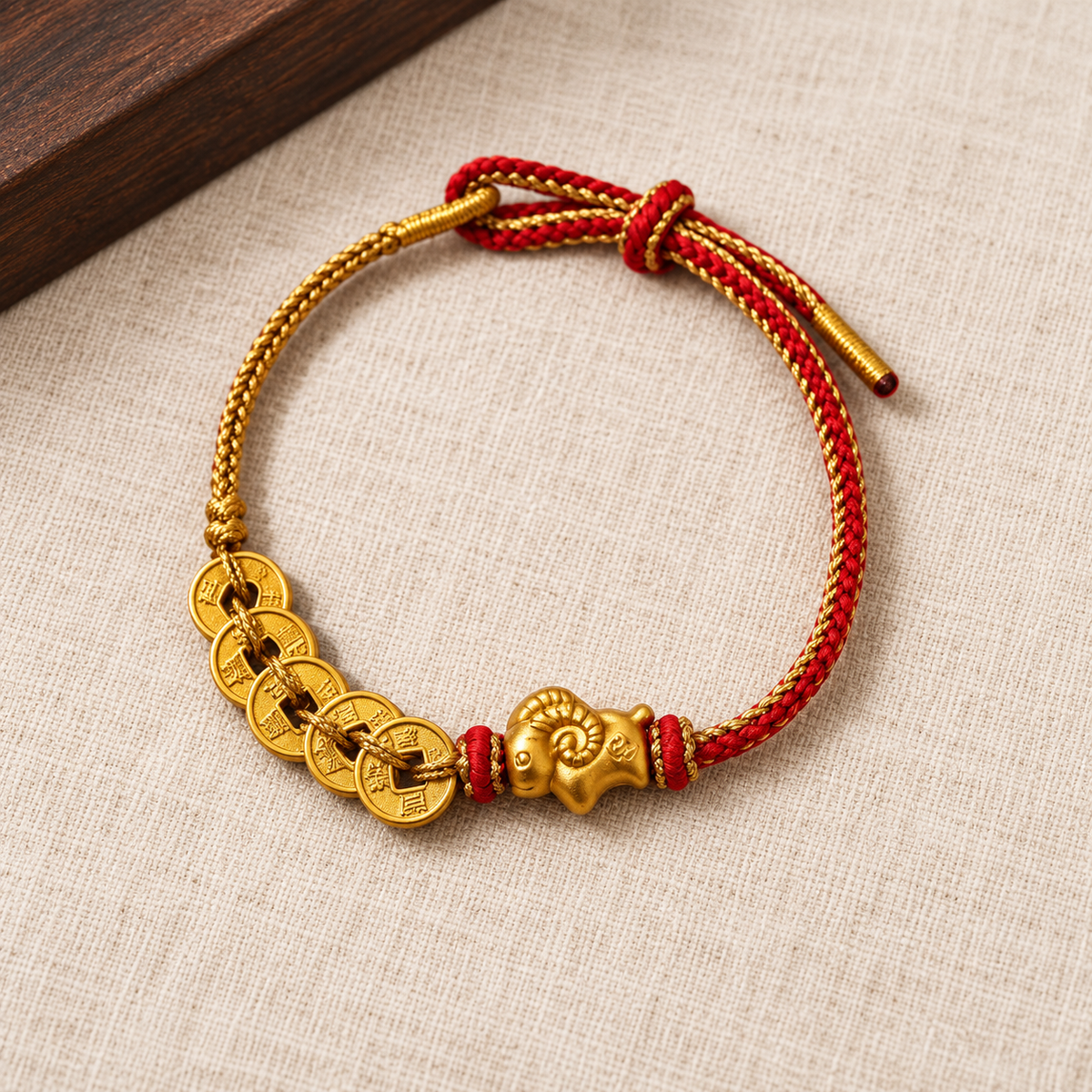 Five coin goat bracelet in red cord, linen display #cord color_red