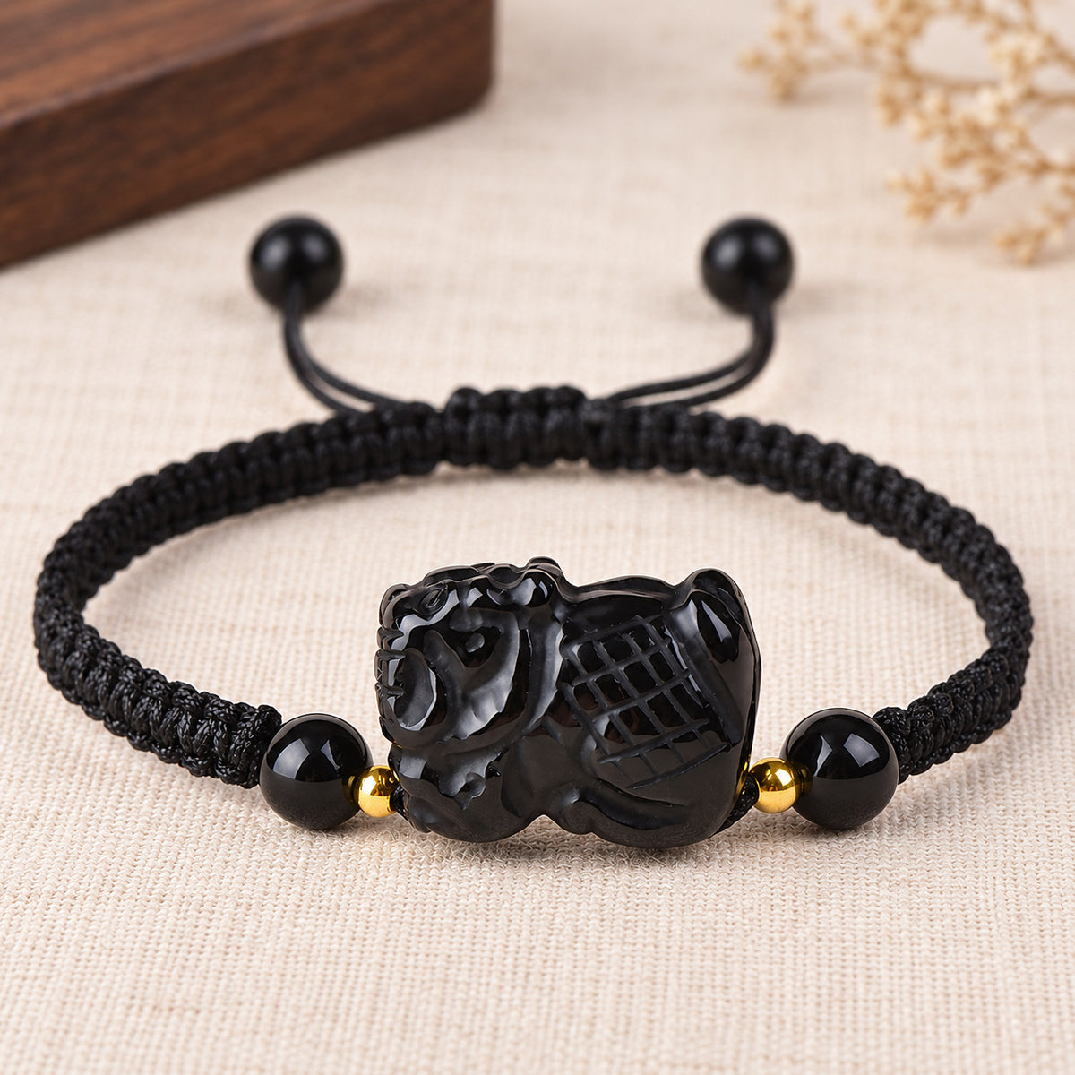 Black Obsidian Chinese Zodiac Cord Bracelet — Dragon / 14cm, design and material view #zodiac_dragon