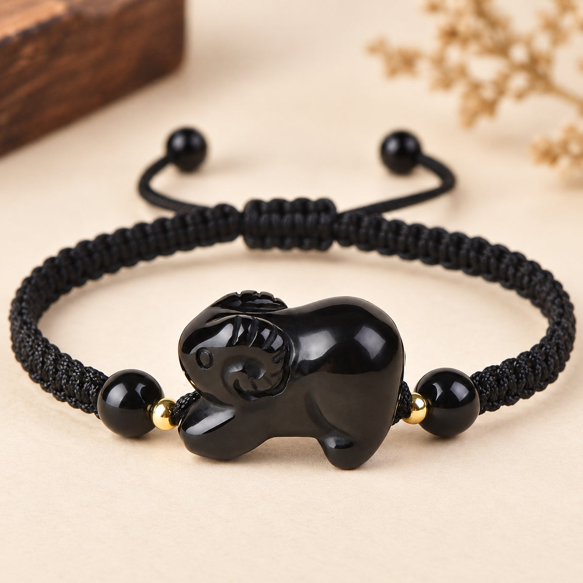 Black Obsidian Chinese Zodiac Cord Bracelet — Goat / 14cm, detail view #zodiac_goat