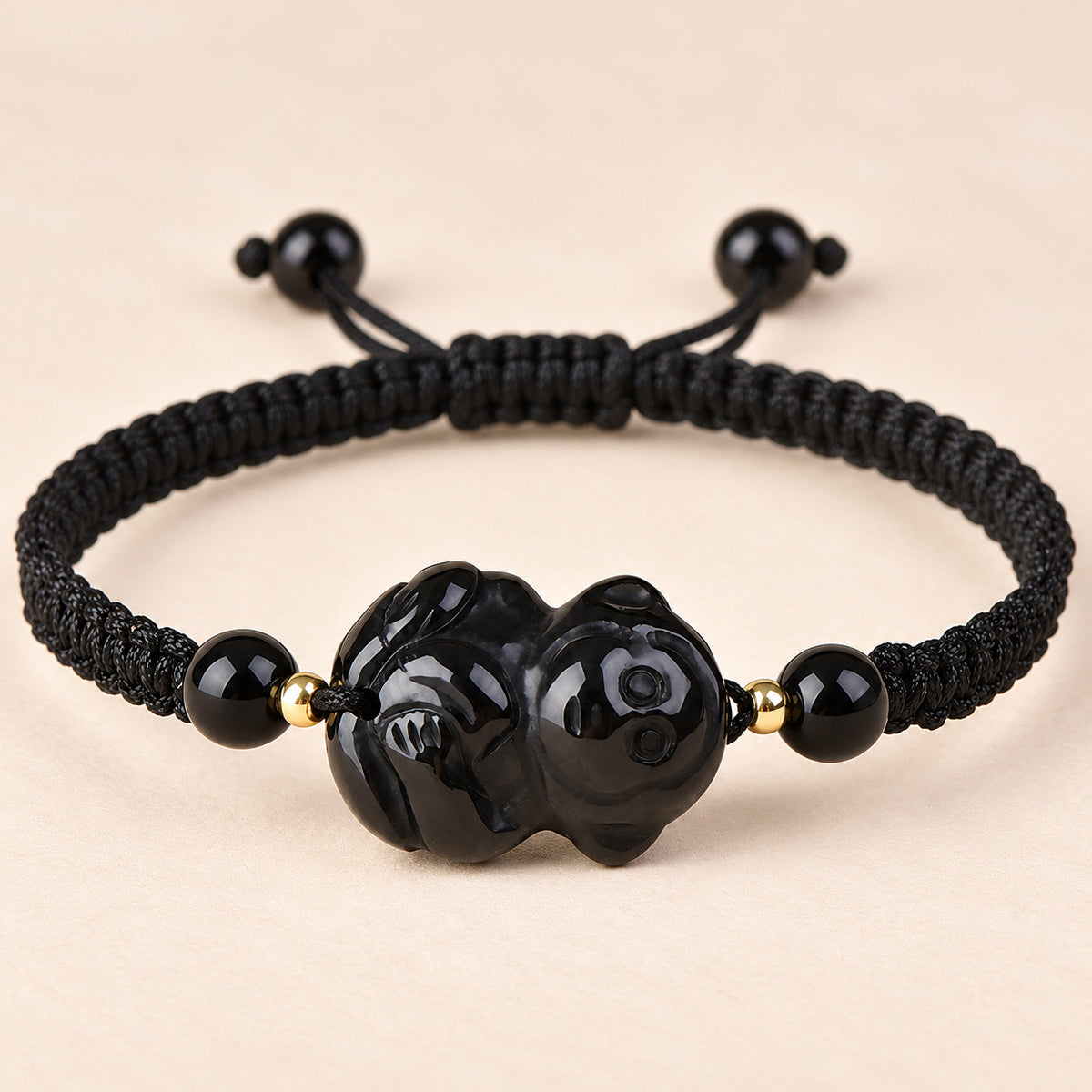 Black Obsidian Chinese Zodiac Cord Bracelet — Monkey / 14cm, detail view #zodiac_monkey