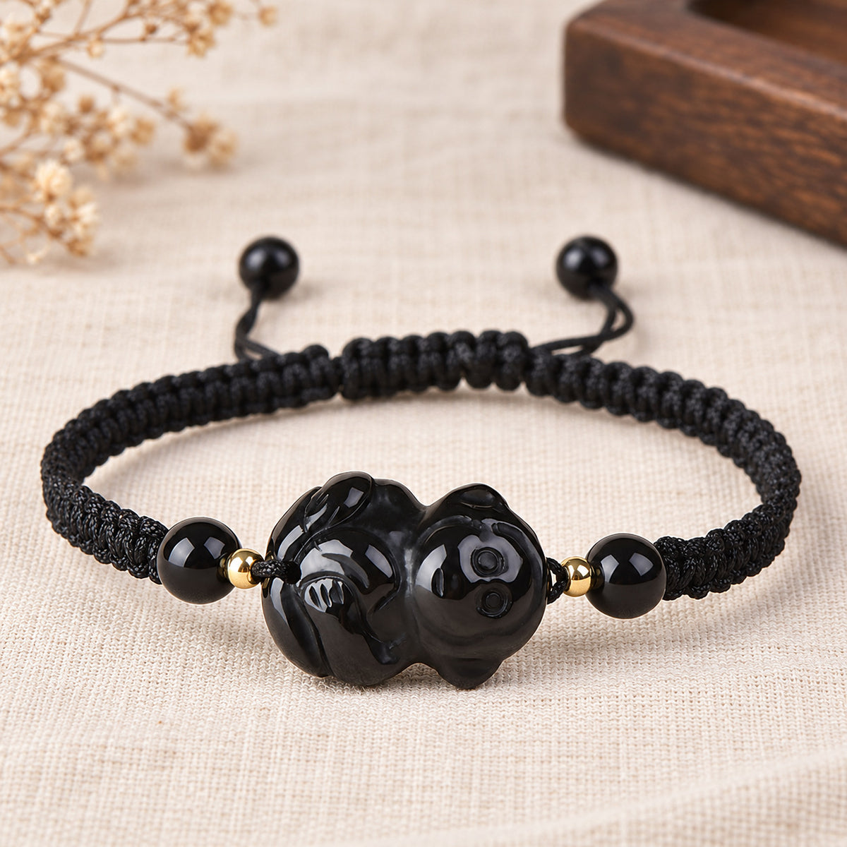 Black Obsidian Chinese Zodiac Cord Bracelet — Monkey / 14cm, design and material view #zodiac_monkey
