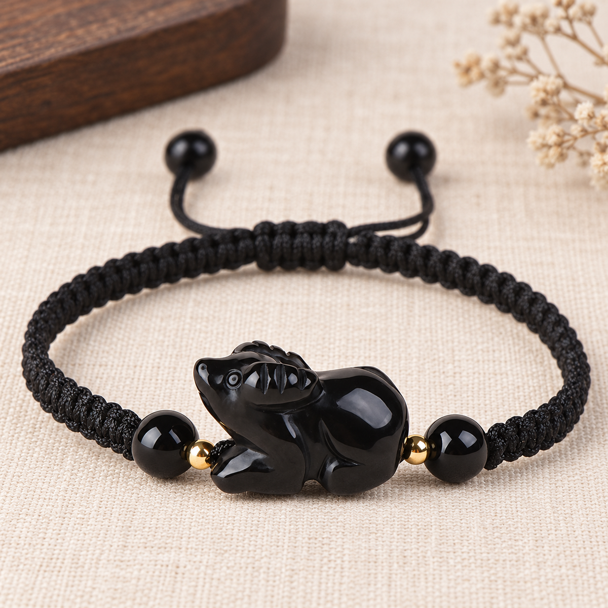 Black Obsidian Chinese Zodiac Cord Bracelet — Ox, bracelet display #zodiac_ox
