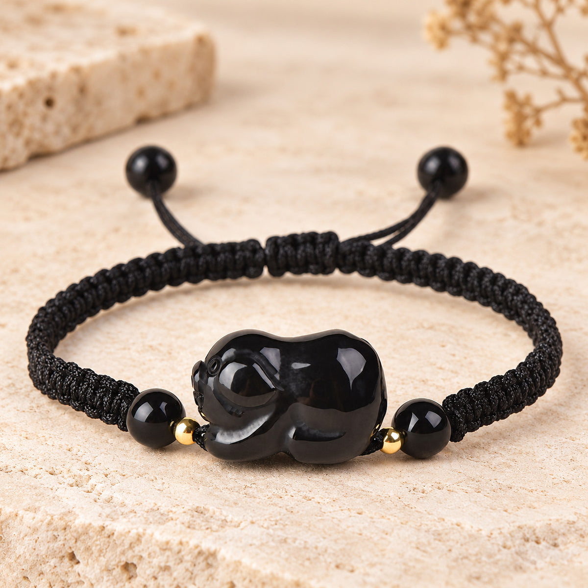 Black Obsidian Chinese Zodiac Cord Bracelet — Pig / 14cm, full design view #zodiac_pig