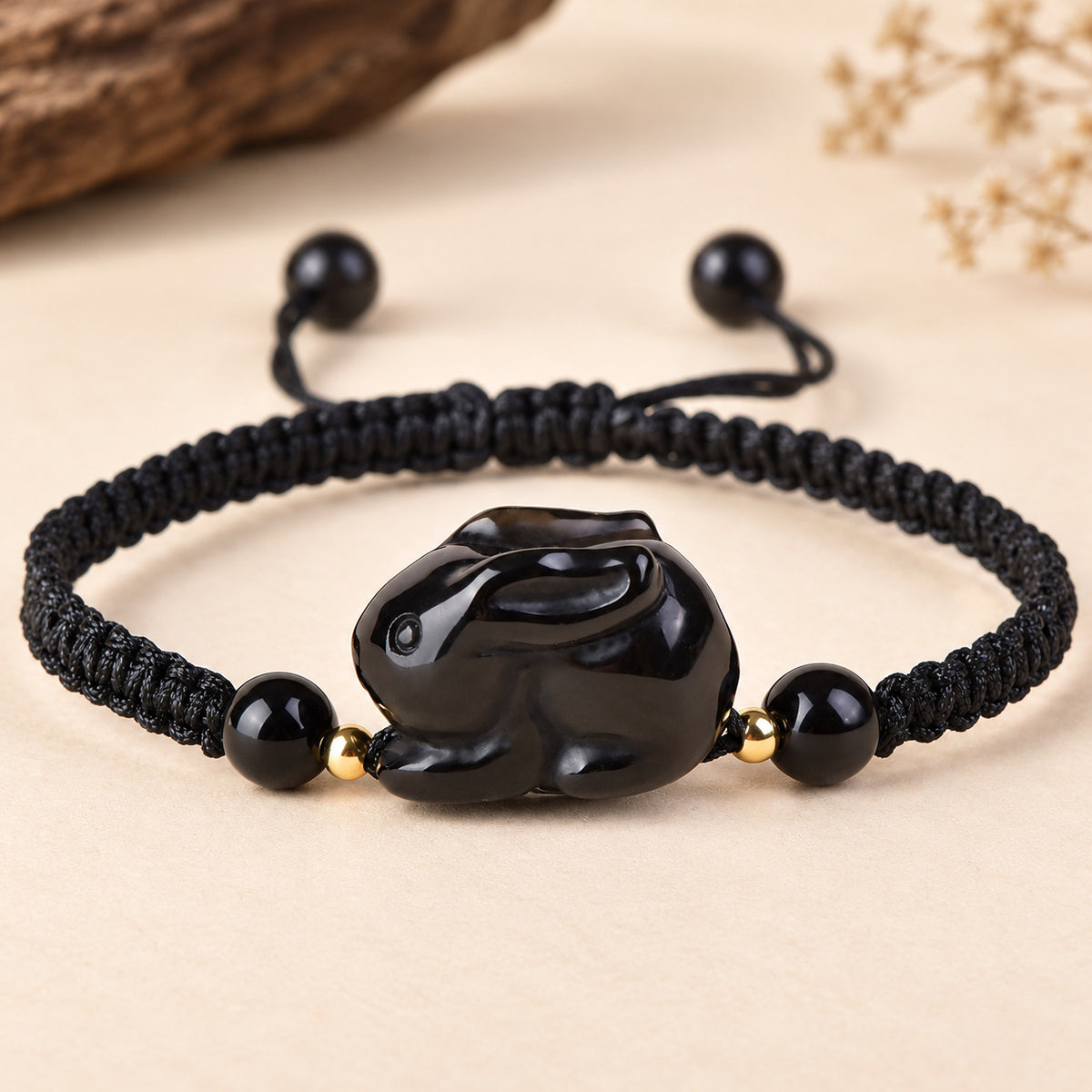 Black Obsidian Chinese Zodiac Cord Bracelet — Rabbit / 14cm, detail view #zodiac_rabbit