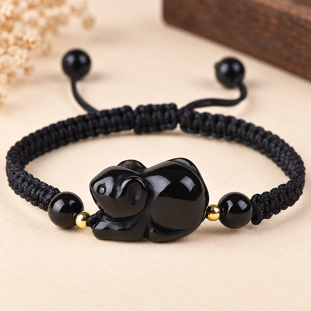 Black Obsidian Chinese Zodiac Cord Bracelet — Rat, carved zodiac charm detail #zodiac_rat