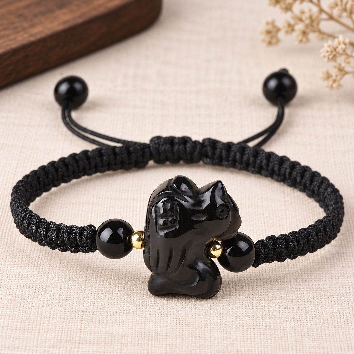 Black Obsidian Chinese Zodiac Cord Bracelet — Rooster / 14cm, design and material view #zodiac_rooster