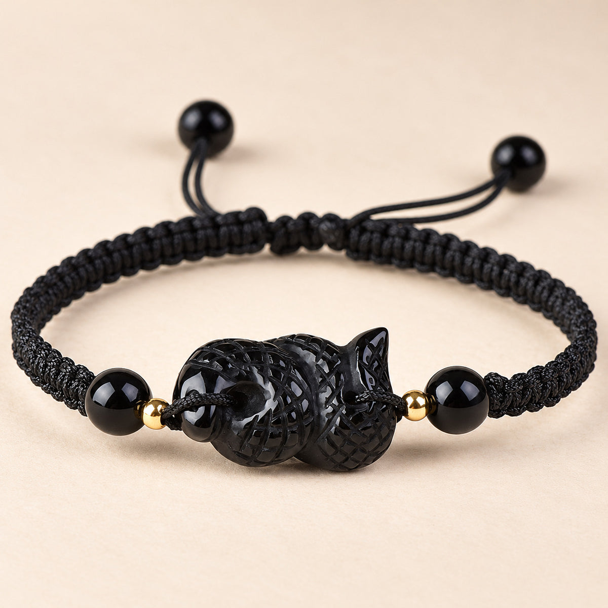 Black Obsidian Chinese Zodiac Cord Bracelet — Snake / 14cm, detail view #zodiac_snake