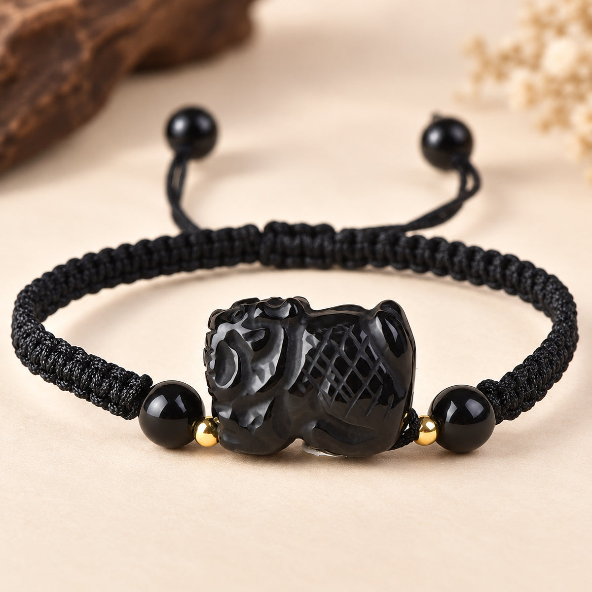 Black Obsidian Chinese Zodiac Cord Bracelet — Tiger / 14cm, detail view #zodiac_tiger