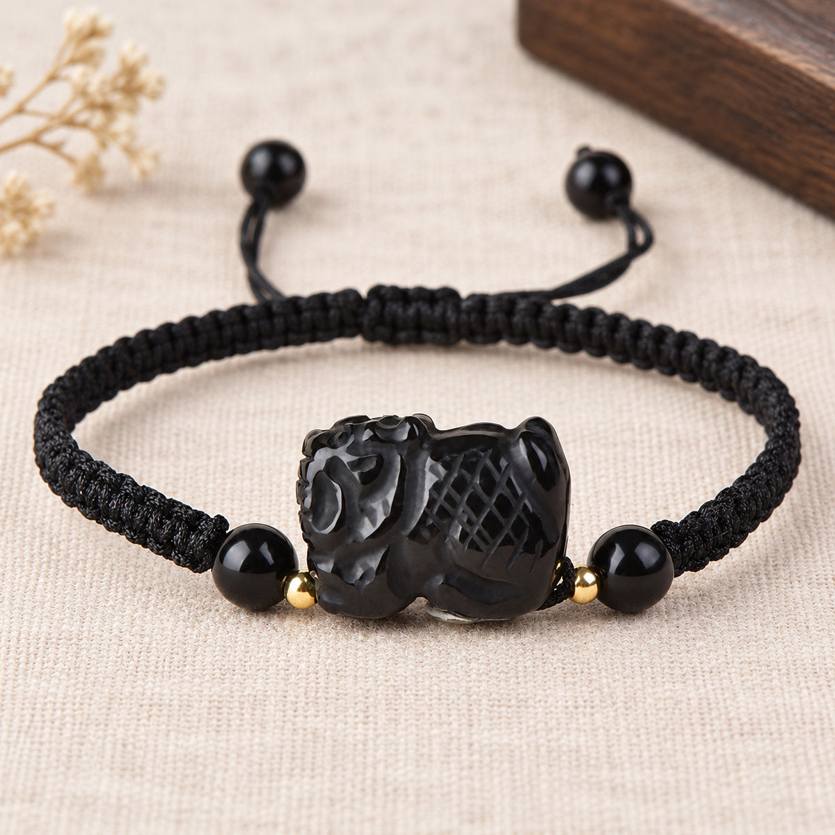 Black Obsidian Chinese Zodiac Cord Bracelet — Tiger / 14cm, design and material view #zodiac_tiger