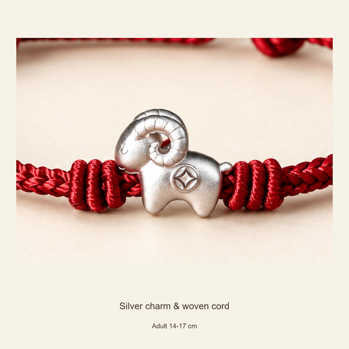 Silver Goat Red Cord Bracelet — Adult 14-17 cm, detail view
