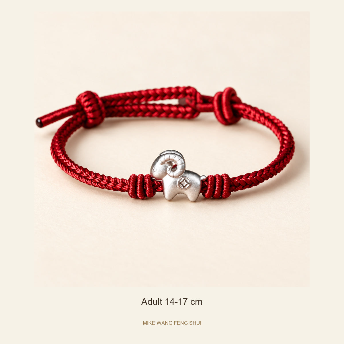 Silver Goat Red Cord Bracelet — Adult 14-17 cm, design and material view