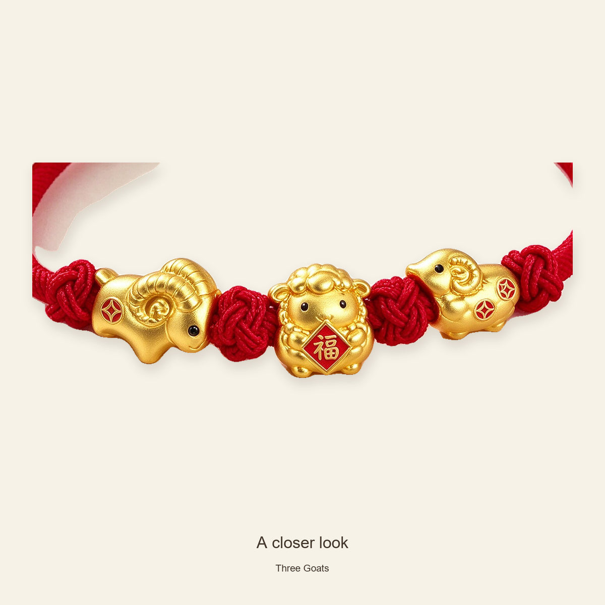 Three Goats and Lucky Symbols Red Cord Bracelet — Three Goats, detail view #design_three goats