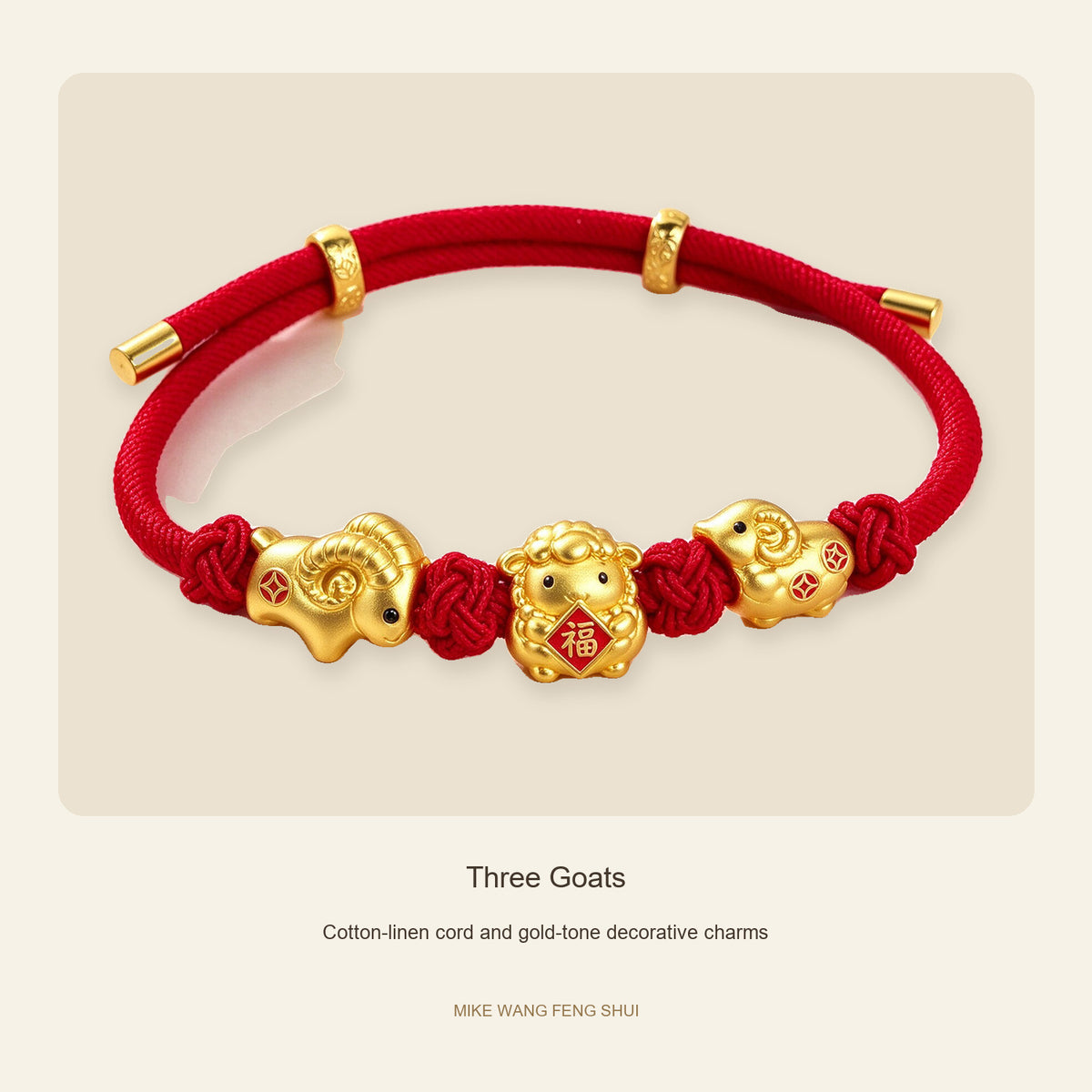 Three Goats and Lucky Symbols Red Cord Bracelet — Three Goats, design and material view #design_three goats