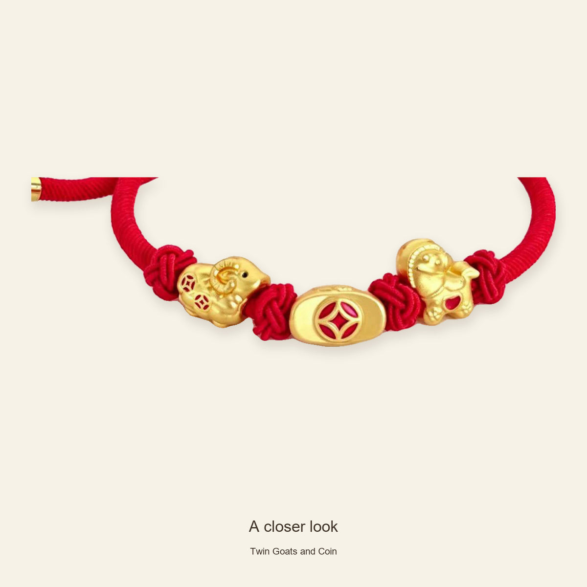 Three Goats and Lucky Symbols Red Cord Bracelet — Twin Goats and Coin, detail view #design_twin goats and coin
