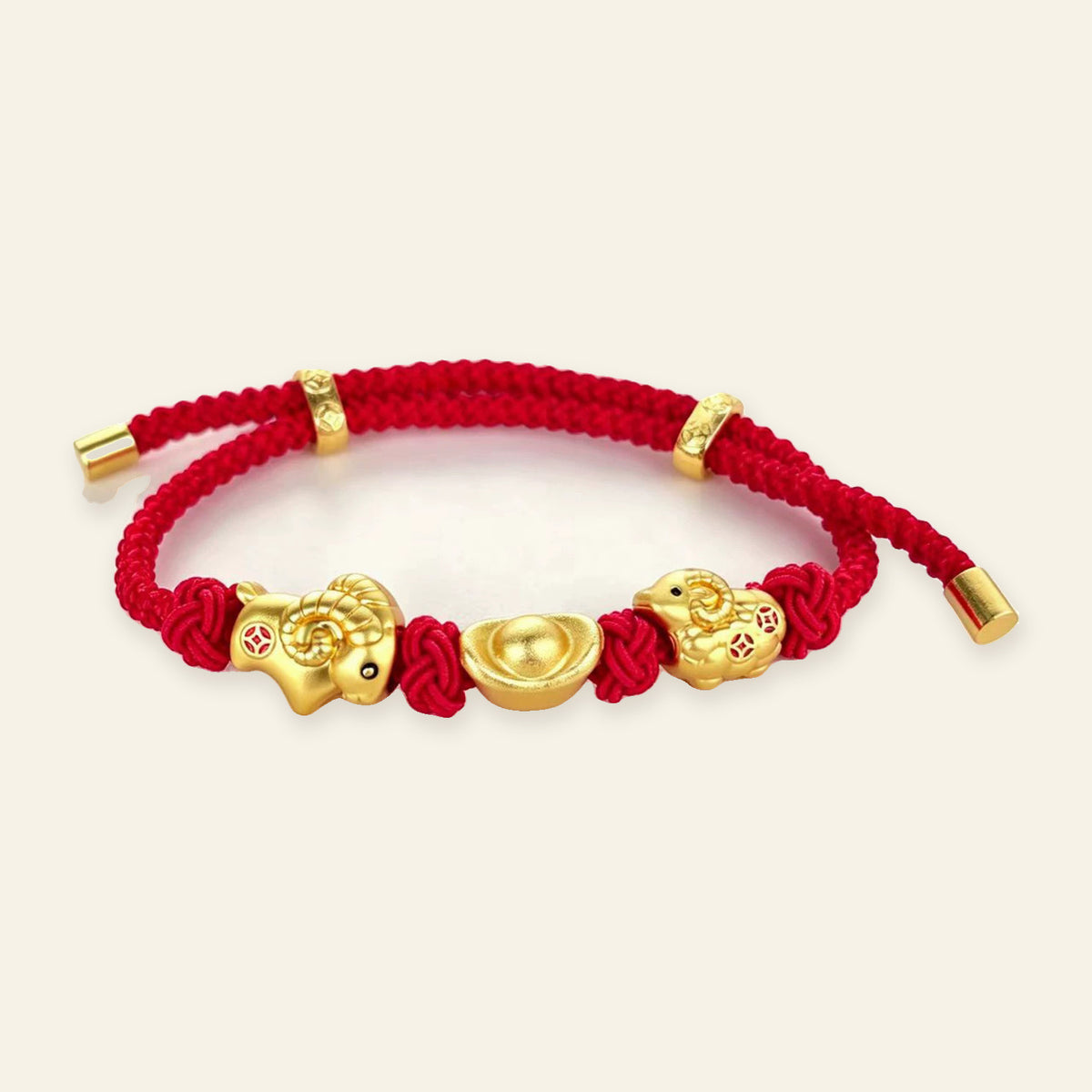 Three Goats and Lucky Symbols Red Cord Bracelet — Twin Goats and Ingot, full design view #design_twin goats and ingot