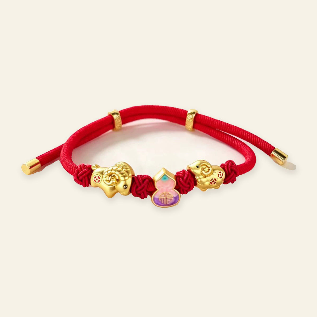 Three Goats and Lucky Symbols Red Cord Bracelet — Twin Goats and Gourd, full design view #design_twin goats and gourd
