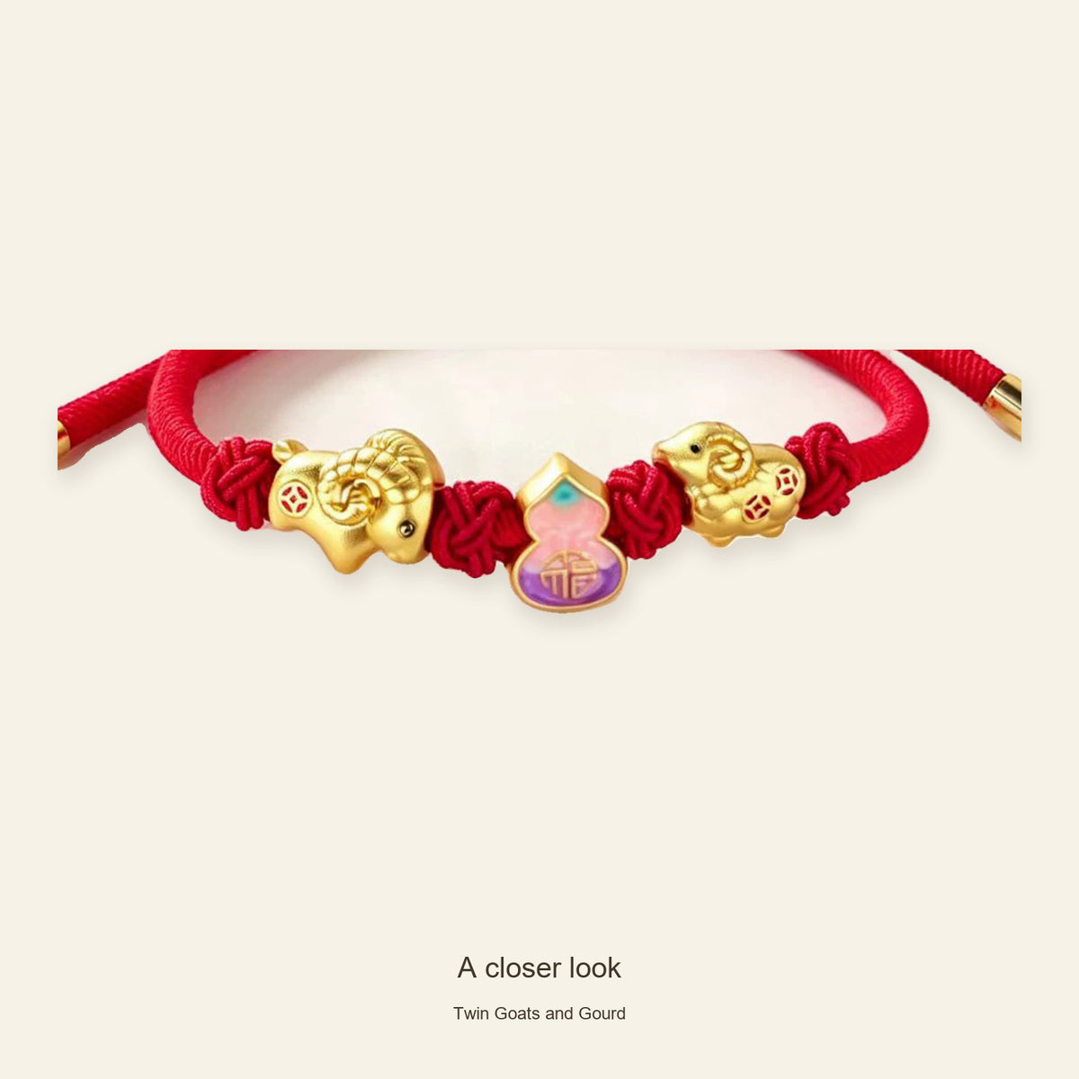 Three Goats and Lucky Symbols Red Cord Bracelet — Twin Goats and Gourd, detail view #design_twin goats and gourd