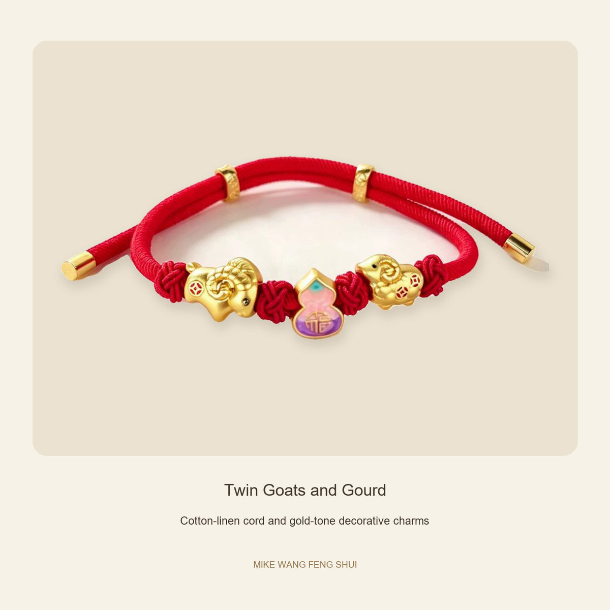Three Goats and Lucky Symbols Red Cord Bracelet — Twin Goats and Gourd, design and material view #design_twin goats and gourd